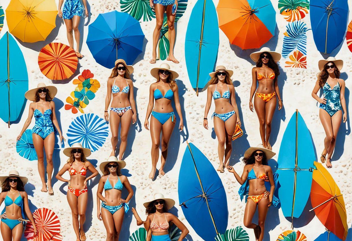 A vibrant beach scene featuring a diverse group of women in stylish swimwear and accessories, capturing the essence of summer fun. The background showcases crystal-clear water, sunny skies, and colorful beach umbrellas. Highlight the textures of the swimwear in bright, bold patterns and tropical motifs. Incorporate elements of relaxation, such as beach towels, sun hats, and sunglasses. A warm, summery aesthetic that radiates joy. super-realistic. vibrant colors. 3D.